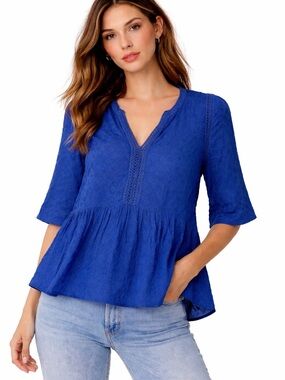 Sandro Paris Crochet Trim Top V Neck 3/4 Sleeve Blouse Royal Blue Boho Sz 1 US S